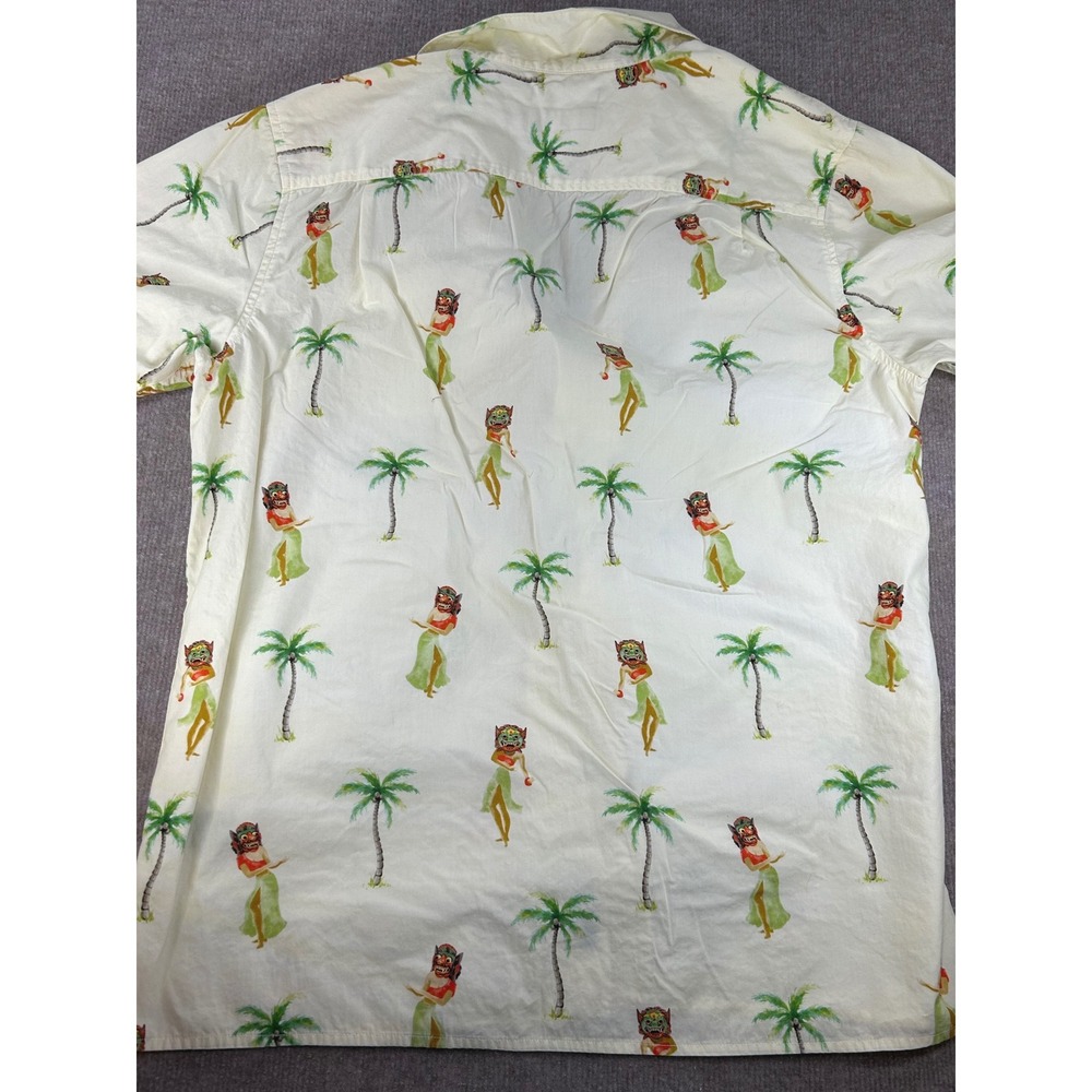Roark Mens XL Cream Tropical Hula Mask Palm Tree Cotton Button Down Aloha Shirt - Picture 6 of 9